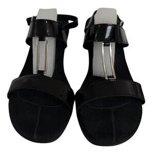Mephisto Women's 40 Black Patent Leather T Strap Block Heel Air Relax Sandals